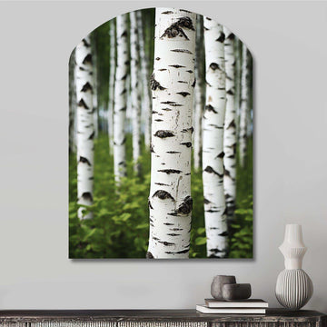 White Green Birch Tree Whispers III - Asymmetric Metal Wall Art